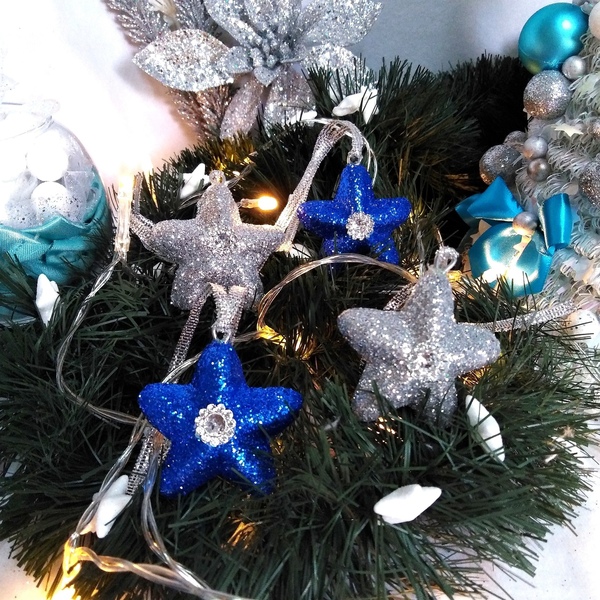 Σετ 4 χριστουγεννιάτικα στολίδια αστέρι με ασημί-μπλε γκλίτερ 4,5×4,5×8cm/τμχ - αστέρι, χριστούγεννα, στολίδια, πρωτοχρονιά - 2