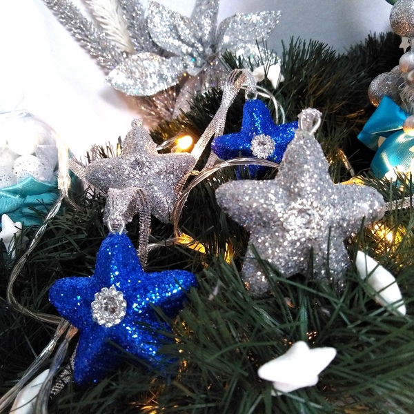 Σετ 4 χριστουγεννιάτικα στολίδια αστέρι με ασημί-μπλε γκλίτερ 4,5×4,5×8cm/τμχ - αστέρι, χριστούγεννα, στολίδια, πρωτοχρονιά - 3