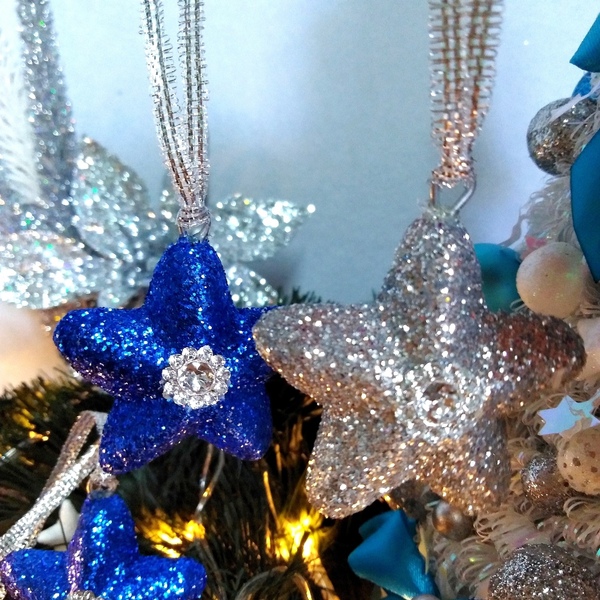 Σετ 4 χριστουγεννιάτικα στολίδια αστέρι με ασημί-μπλε γκλίτερ 4,5×4,5×8cm/τμχ - αστέρι, χριστούγεννα, στολίδια, πρωτοχρονιά - 4