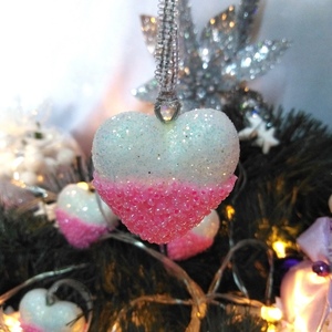 Σετ 4 χριστουγεννιάτικα στολίδια καρδούλες ροζ χάντρες-λευκό γκλίτερ 4×4×2,5cm/τμχ - καρδιά, χριστούγεννα, στολίδια, πρωτοχρονιά - 4