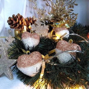 Σετ 4 χριστουγεννιάτικα στολίδια καρδούλες ιριδίζουσες χάντρες-ροζ χρυσό γκλίτερ 4×4×2,5cm/τμχ - καρδιά, χριστούγεννα, στολίδια, πρωτοχρονιά - 2