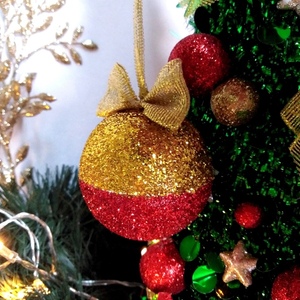 Σετ 4 χριστουγγενιάτικες μπάλες με χρυσό-κόκκινο γκλίτερ 7×5,5×5,5cm/τμχ - χριστούγεννα, στολίδια, πρωτοχρονιά, μπάλες - 3