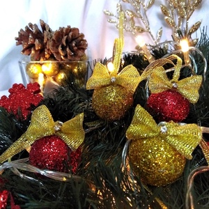 Σετ 4 χριστουγεννιάτικες μπάλες μίνι με χρυσό-κόκκινο γκλίτερ 4×3×3cm - χριστούγεννα, στολίδια, πρωτοχρονιά, μπάλες - 4