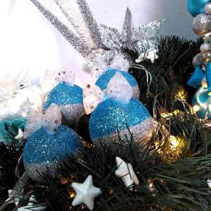 Σετ 4 χριστουγγενιάτικες μπάλες με μπλε-ασημί holographic γκλίτερ 6,5×5×5cm - χριστούγεννα, στολίδια, πρωτοχρονιά, μπάλες - 4