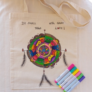 Tote bag ζωγραφισμένη στο χέρι, με μακρύ χερούλι, mandala, ονειροπαγίδα - ύφασμα, ώμου, all day, tote, πάνινες τσάντες - 3