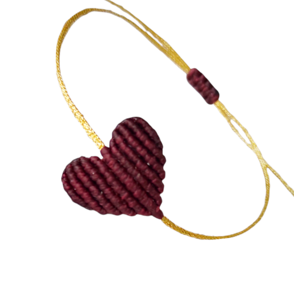 Βραχιόλι χειροποίητο μακραμέ με καρδιά (μπορντό, κυπαρισσί, μεζ-χακί χρώματα) - καρδιά, μακραμέ, κορδόνια, χεριού, αυξομειούμενα