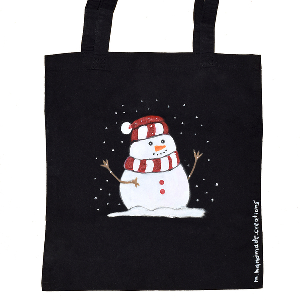 πανινη τσάντα ώμου ζωγραφική στο χέρι ❤️ Christmas snowman - ύφασμα, ώμου
