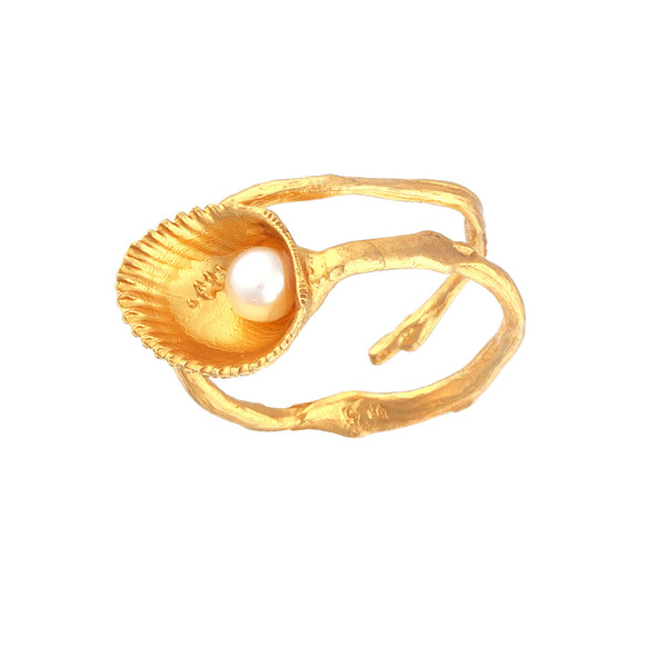 Χρυσό δαχτυλίδι από κοχύλι με πραγματικό μαργαριτάρι - ημιπολύτιμες πέτρες, επιχρυσωμένα, ασήμι 925, μεγάλα, αυξομειούμενα - 2