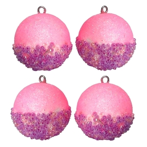 Σετ 4 χριστουγεννιάτικες μπάλες ροζ γκλίτερ-λιλά χάντρες 4,5×4,5×4,5cm/τμχ - χριστούγεννα, στολίδια, πρωτοχρονιά, μπάλες