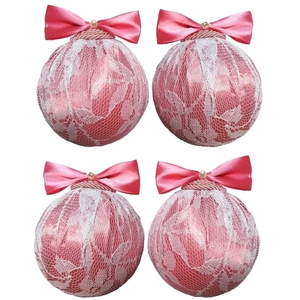 Σετ 4 χριστουγγενιάτικες μπάλες ροζ σατέν-λευκή δαντέλα 10×8×8cm/τμχ - χριστούγεννα, στολίδια, πρωτοχρονιά, μπάλες