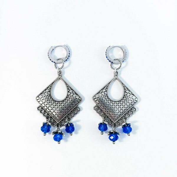 Boho σκουλαρίκια με μπλε κρύσταλλα - επάργυρα, χάντρες, μακριά, boho, μεγάλα - 4