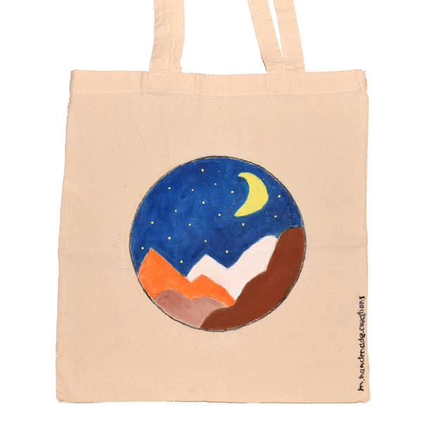 Tote bag ζωγραφίσμενη στο χέρι ❤️ When the night meets the mountain - ύφασμα, ώμου, all day, tote, πάνινες τσάντες