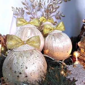 Σετ 4 χριστουγγενιάτικες μπάλες σατέν σαμπανί-οργάντζα γκλίτερ 10×8×8cm - χριστούγεννα, στολίδια, πρωτοχρονιά, μπάλες - 4