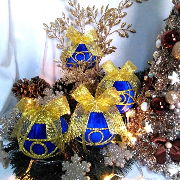 Σετ 4 χριστουγγενιάτικες μπάλες βελούδο μπλε-χρυσό 12,5×8×8cm/τμχ - χριστούγεννα, στολίδια, πρωτοχρονιά, μπάλες - 2