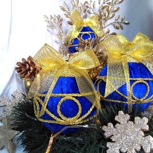 Σετ 4 χριστουγγενιάτικες μπάλες βελούδο μπλε-χρυσό 12,5×8×8cm/τμχ - χριστούγεννα, στολίδια, πρωτοχρονιά, μπάλες - 4