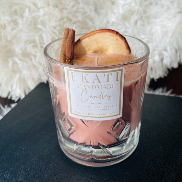 Κρυστάλλινο ποτήρι με χειροποίητο κερι μηλόπιτα-300ml - δώρο, χειροποίητα, αρωματικά κεριά, φθινόπωρο - 2