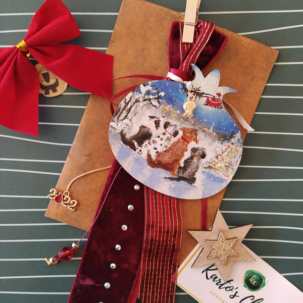 Χειροποίητο Γούρι Ξύλινο Ρόδι Christmas Dogs - ξύλο, vintage, ρόδι, γούρια - 2