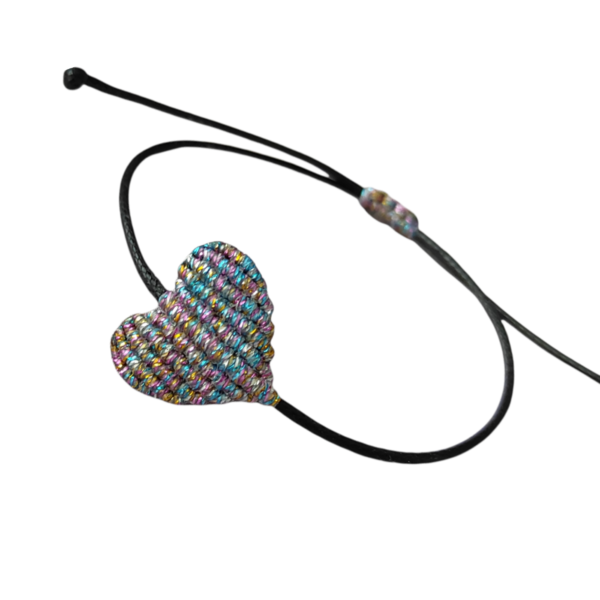 Βραχιόλι χειροποίητο μακραμέ με καρδιά (χρυσό, ασημί, πολύχρωμο ιριδίζον χρώματα) με μαύρο λουράκι - καρδιά, μακραμέ, κορδόνια, χεριού, αυξομειούμενα - 3