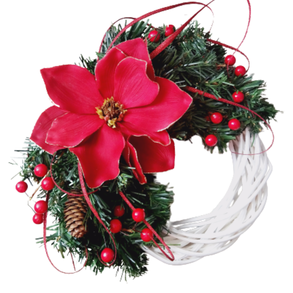 Χριστουγεννιάτικο στεφάνι απο μπαμπού 25εκ λευκό με αλεξανδρινό λουλούδι - ξύλο, στεφάνια, διακοσμητικά, κουκουνάρι