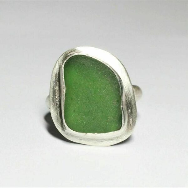 Χειροποίητο δαχτυλίδι, ασήμι 925 με πέτρα από πράσινο γυαλί της θάλασσας νο 57 (US 8) - ασήμι 925, boho, σταθερά - 3
