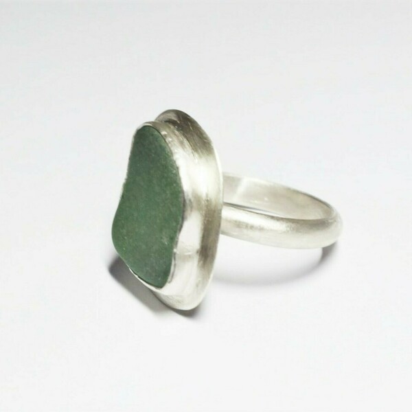 Χειροποίητο δαχτυλίδι, ασήμι 925 με πέτρα από πράσινο γυαλί της θάλασσας νο 57 (US 8) - ασήμι 925, boho, σταθερά - 4