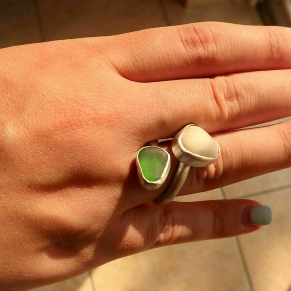 Χειροποίητο δαχτυλίδι, ασήμι 925 με πέτρα από πράσινο γυαλί της θάλασσας και βότσαλο, μέγεθος 51 (US 5 3/4) - ασήμι 925, boho, σταθερά, βότσαλα - 2