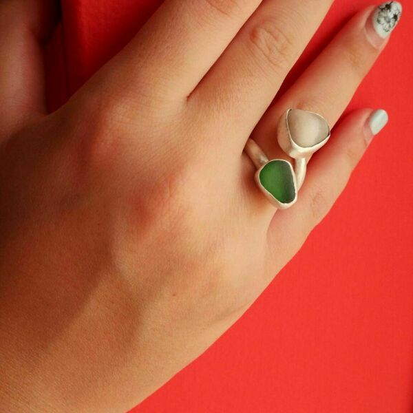 Χειροποίητο δαχτυλίδι, ασήμι 925 με πέτρα από πράσινο γυαλί της θάλασσας και βότσαλο, μέγεθος 51 (US 5 3/4) - ασήμι 925, boho, σταθερά, βότσαλα - 3