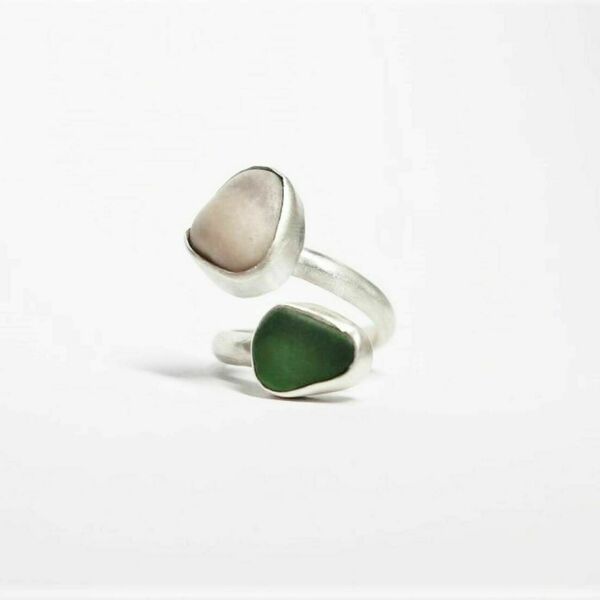 Χειροποίητο δαχτυλίδι, ασήμι 925 με πέτρα από πράσινο γυαλί της θάλασσας και βότσαλο, μέγεθος 51 (US 5 3/4) - ασήμι 925, boho, σταθερά, βότσαλα - 4