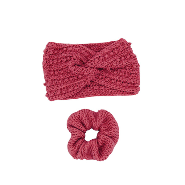 Σετ Κορδέλα μαλλιών πλέκτη headband λαστιχάκι scrunchies σκούρο ροζ - νήμα, λαστιχάκι, σετ δώρου, headbands