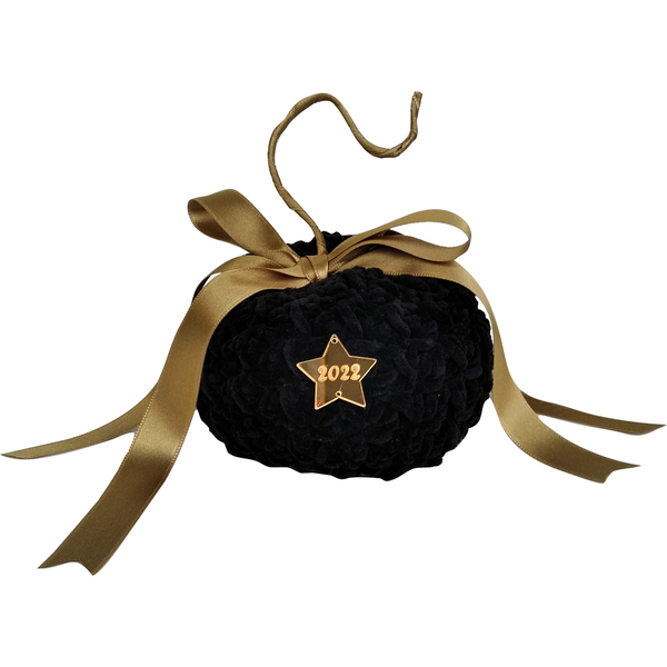 Χειροποίητη πλεκτή κολοκύθα γούρι βελούδινη μάυρη (15cm) - νήμα, αστέρι, χριστουγεννιάτικα δώρα, κολοκύθα, γούρια