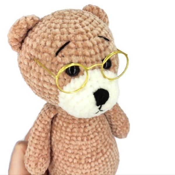 Πλεκτό χειροποίητο βελουτέ micropolyester αρκουδάκι μπεζ με γυαλιά ύψος 22εκ - κορίτσι, αγόρι, λούτρινα, αρκουδάκι, amigurumi - 4