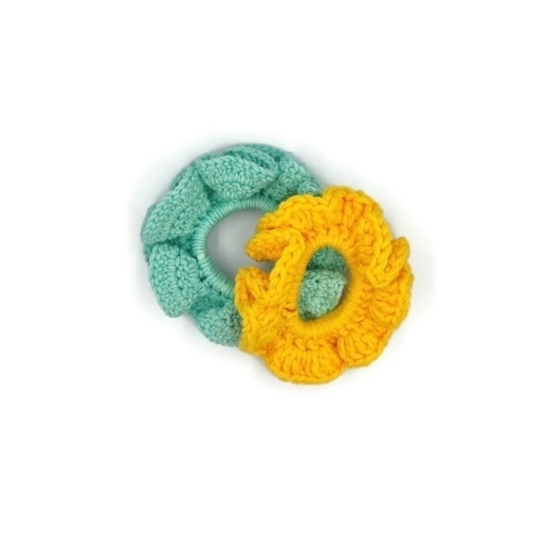 Βαμβακερά scrunchies κίτρινο & βεραμάν σετ 2 τμχ - βαμβάκι, νήμα, κορίτσι, για παιδιά, λαστιχάκια μαλλιών - 2