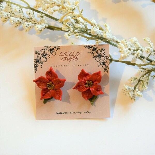 POINSETTIA CHRISTMAS- Καρφωτά σκουλαρίκια "αλεξανδρινά" σε χριστουγεννιάτικες αποχρώσεις - πηλός, λουλούδι, καρφωτά, χριστουγεννιάτικο - 3