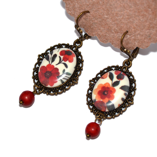Κρεμαστά φλοράλ σκουλαρίκια σε βίνταζ στυλ με πέτρες χαολίτη από πολυμερικό πηλό - πηλός, λουλούδι, μικρά, κρεμαστά, γάντζος