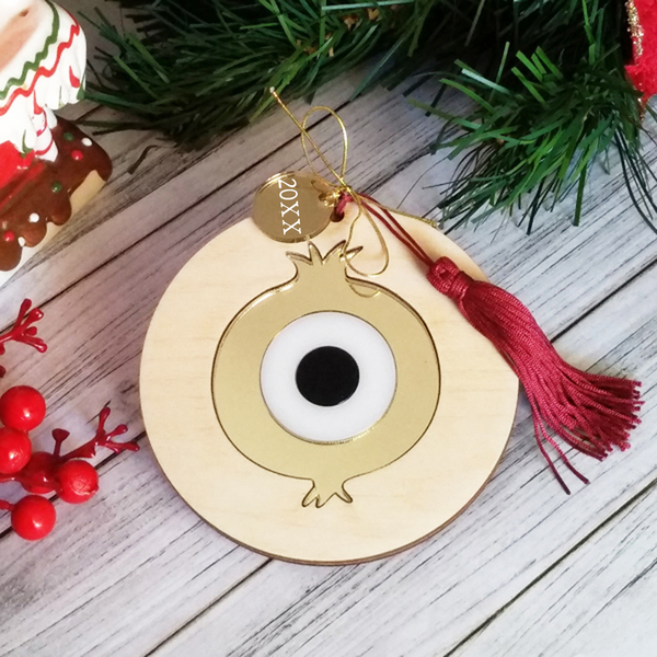 Γούρι 2024 Ξύλινο Mάτι-Ρόδι με Plexiglass Gold - δώρο, διακόσμηση, χριστουγεννιάτικα δώρα, γούρια - 2