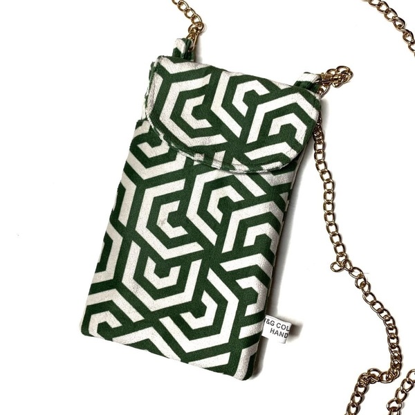 Χειροποίητο πράσινο λευκό τσαντάκι κινητού-Green velvet geometric mobile bag - θήκες