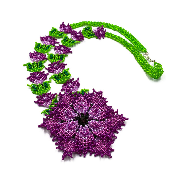 Μακρύ κολιέ με μωβ λουλούδι από γυάλινες χάντρες - μήκος 41εκ. - χάντρες, μακριά, λουλούδι, boho, μεγάλα