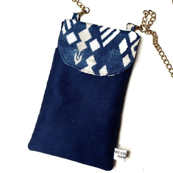 Χειροποίητο μπλε σουετ τσαντάκι κινητού- Blue geometric mobile bag - θήκες