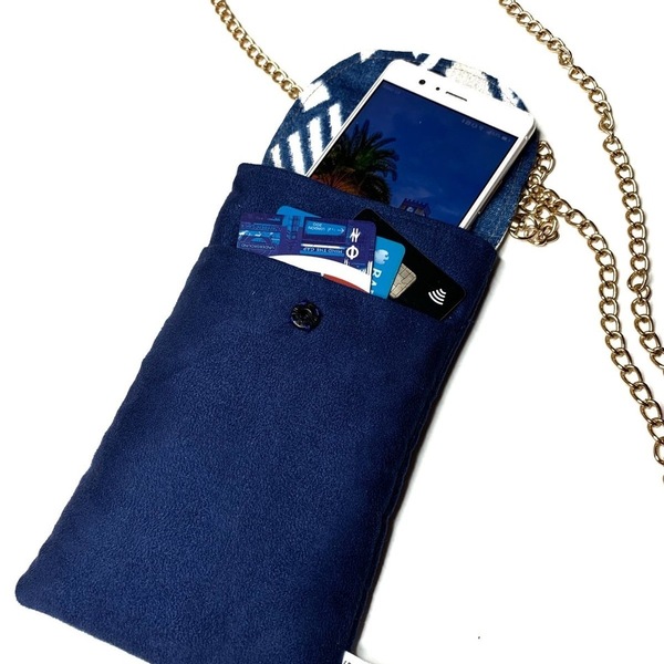 Χειροποίητο μπλε σουετ τσαντάκι κινητού- Blue geometric mobile bag - θήκες - 2