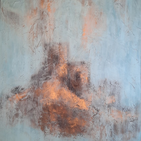In the fog. Χειροποίητος πίνακας ζωγραφικής σε πάλ γαλάζιο χρώμα , καφέ και χρυσές αποχρώσεις, ύψος 1μέτρο και πλάτος 70εκατοστά.Πάχος 4εκατοστά - πίνακες & κάδρα, πίνακες ζωγραφικής - 2