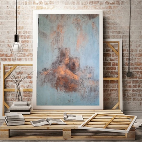 In the fog. Χειροποίητος πίνακας ζωγραφικής σε πάλ γαλάζιο χρώμα , καφέ και χρυσές αποχρώσεις, ύψος 1μέτρο και πλάτος 70εκατοστά.Πάχος 4εκατοστά - πίνακες & κάδρα, πίνακες ζωγραφικής - 3