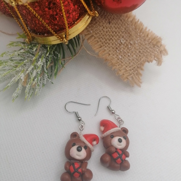 Χειροποίητα Χριστούγεννιατικα αρκούδακια σκουλαρίκια από πλυμπιακό πηλός - πηλός, κρεμαστά, χριστούγεννα, χριστουγεννιάτικα δώρα - 4
