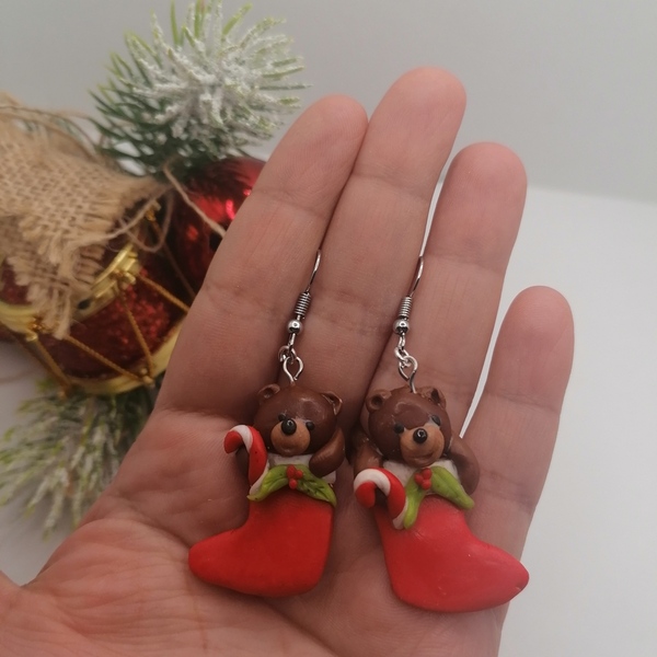 Χειροποίητα Χριστούγεννιατικα σκουλαρίκια από πλυμπιακό πηλός - πηλός, κρεμαστά, χριστούγεννα, χριστουγεννιάτικα δώρα, δώρα για γυναίκες - 5
