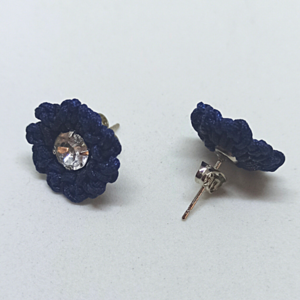 Χειροποίητα Πλεκτά Μπλε Σκούρα Σκουλαρίκια Λουλουδάκια - λουλούδι, καρφωτά, μικρά, καρφάκι, πλεκτά - 4