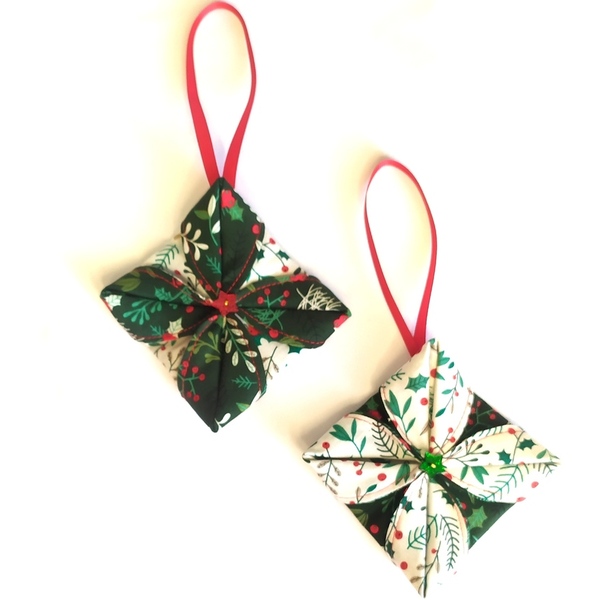 Σετ από 3 χριστουγεννιάτικα στολίδια origami - ύφασμα, vintage, στολίδια - 3