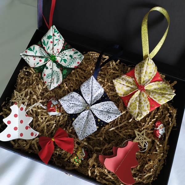 Σετ από 3 χριστουγεννιάτικα στολίδια origami - ύφασμα, vintage, στολίδια - 5