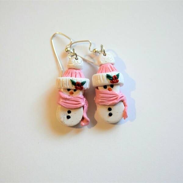 SNOWMAN PINK- Κρεμαστά σκουλαρίκια " χιονανθρωπάκια - πηλός, κρεμαστά, γάντζος, χριστουγεννιάτικα δώρα