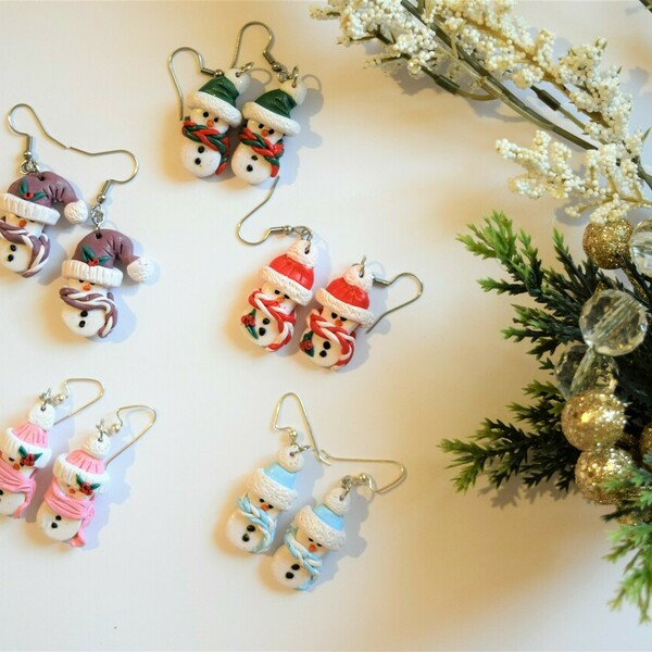SNOWMAN PINK- Κρεμαστά σκουλαρίκια " χιονανθρωπάκια - πηλός, κρεμαστά, γάντζος, χριστουγεννιάτικα δώρα - 2