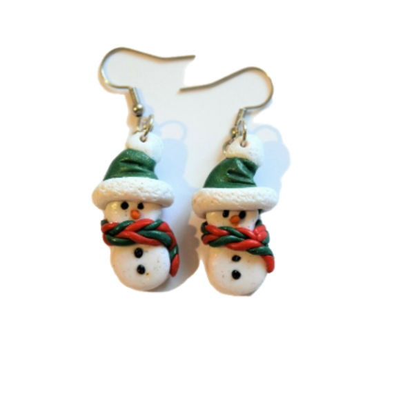 SNOWMAN GREEN - Κρεμαστά σκουλαρίκια " χιονανθρωπάκια - πηλός, κρεμαστά, γάντζος, χριστουγεννιάτικα δώρα