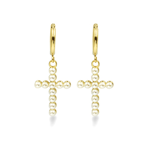 Σκουλαρίκια από Ανοξείδωτο Ατσάλι Awear Pearl Cross Gold - κρεμαστά, σταυρός, επάργυρα, ατσάλι, φθηνά